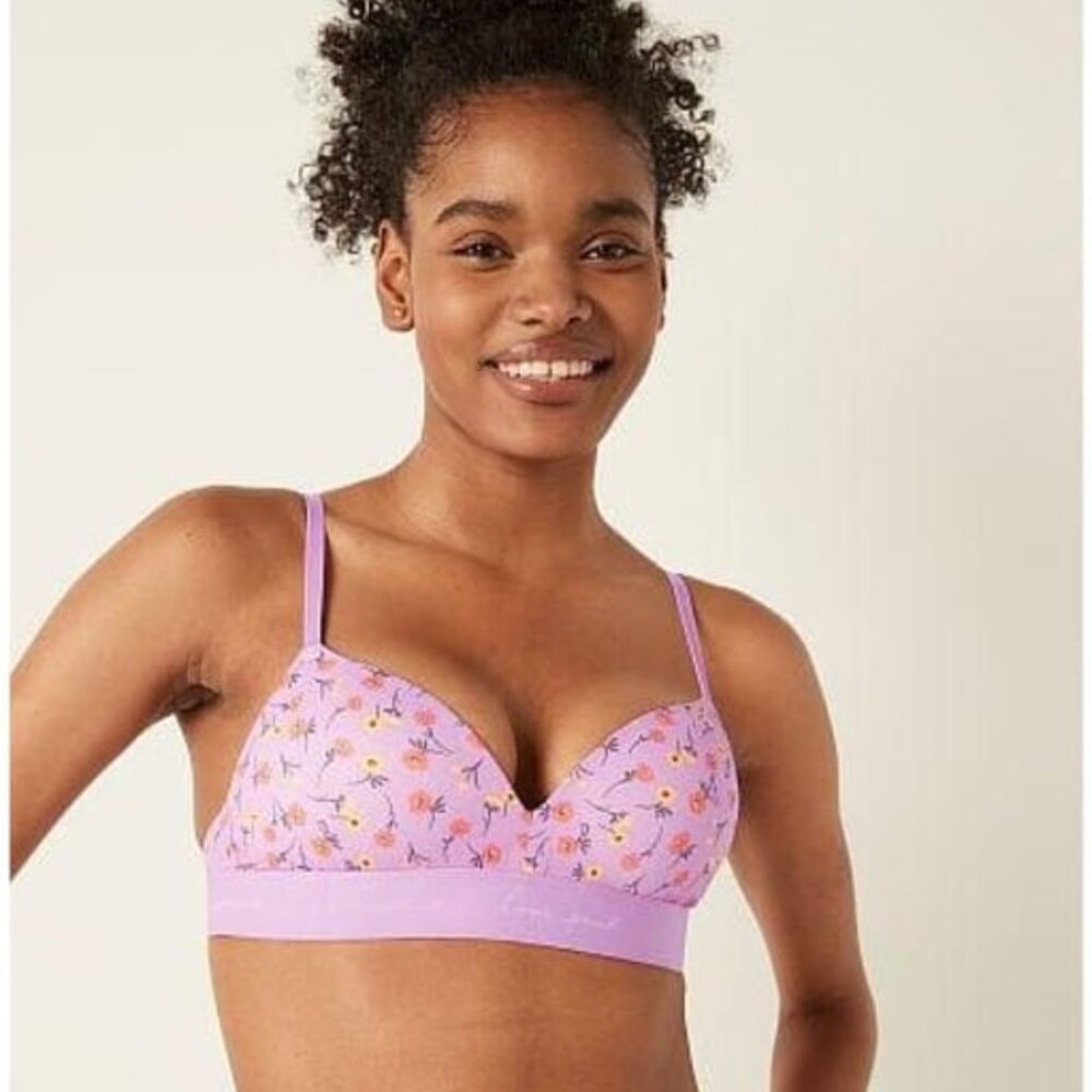PINK Wear Everywhere Wireless‎ Push-Up Bra Floral Lavender Bra 36D NEW Spring